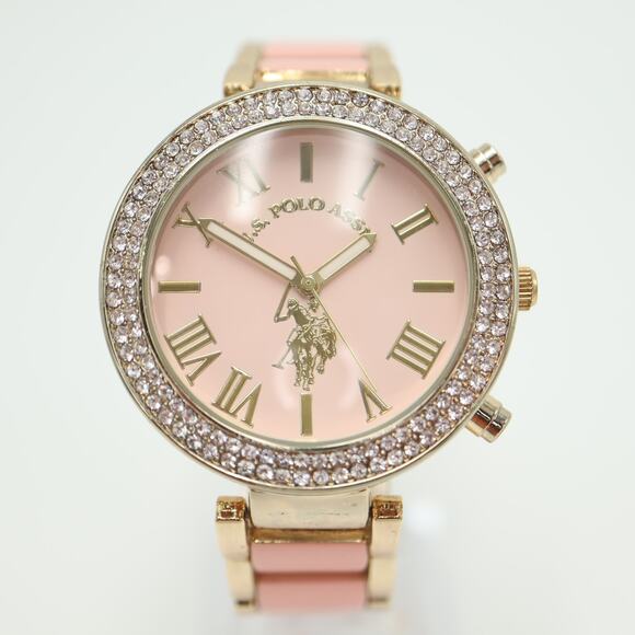 US POLO ASSN Ladies Pink Gold Tone Watch 40mm Jewel Bezel with New Battery - Picture 5 of 13